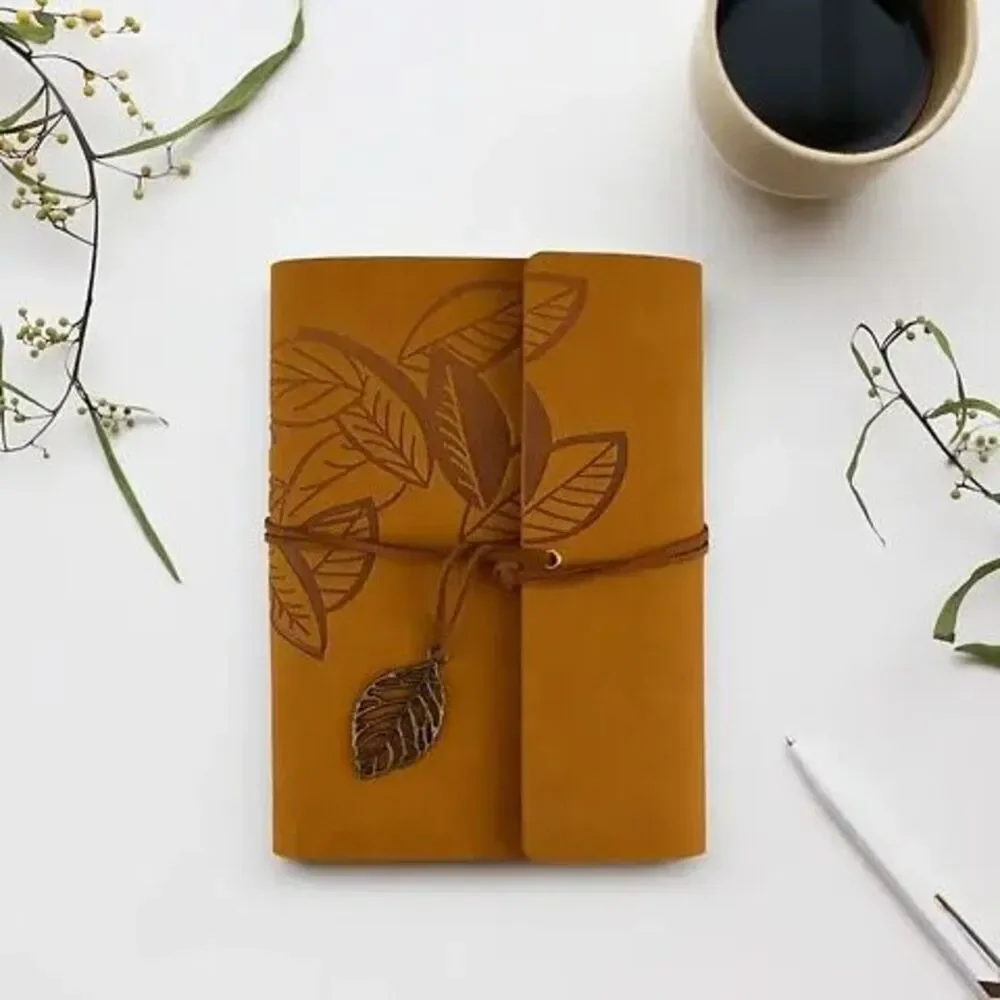 Embossed Leaf PU Leather Notebook - Sketchbook - Unlined Blank Page Notebook